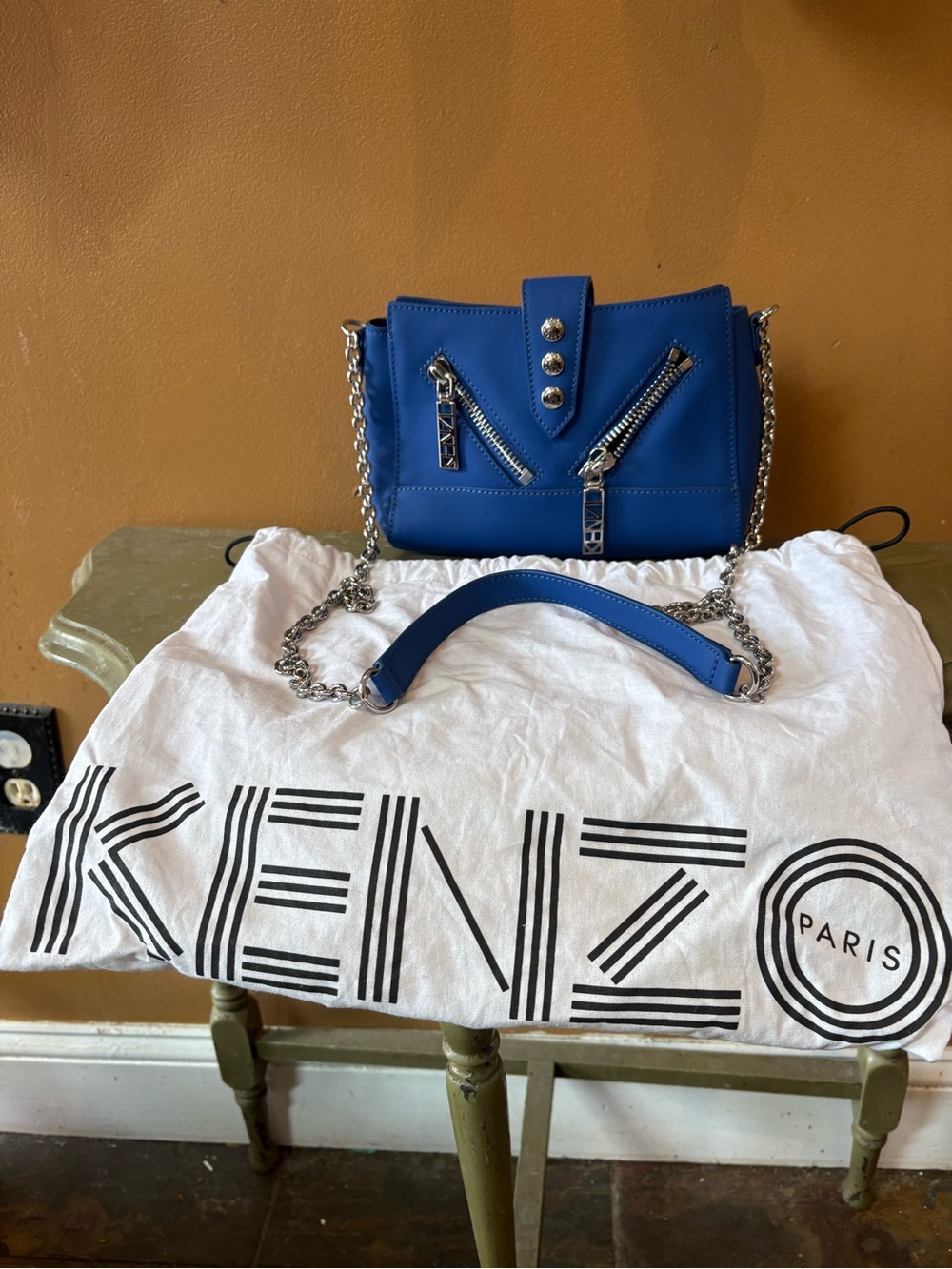 Kenzo Royal Blue Leather Crossbody with Silver Chain